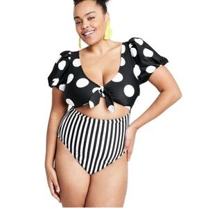 NEW TABITHA BROWN x Target One Piece Puff Sleeve‎ Swimsuit Polka Dots Stripe L